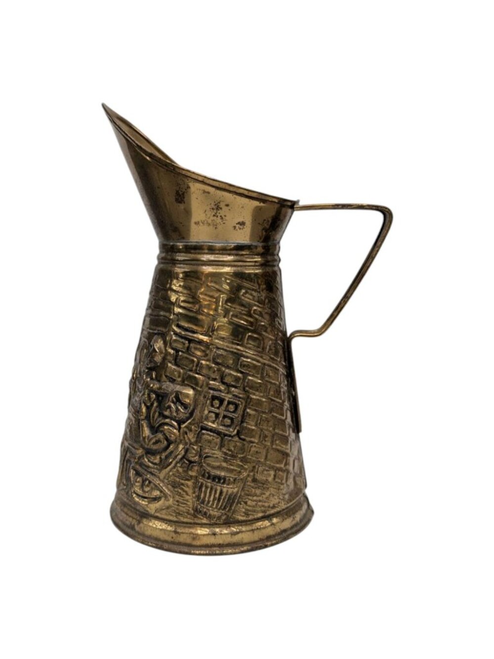 Vtg Hammered Brass Pitcher Gold Tone Embossed 8.25" Parlor Pub Scene